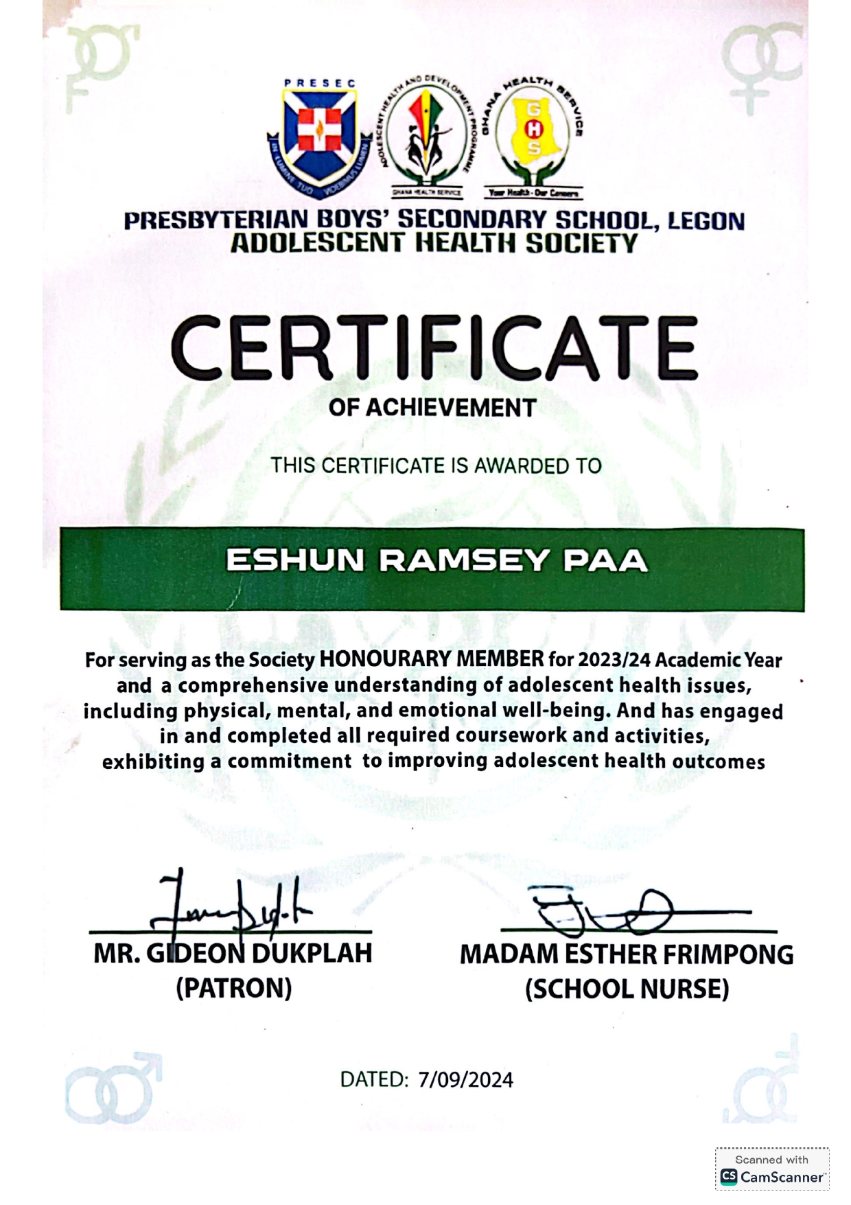 KNUST Matriculation Certificate